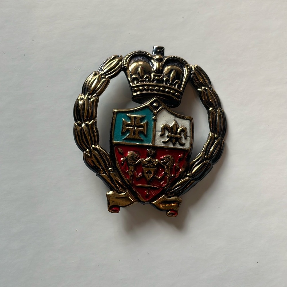 Interesting Older Stamped Brass Enamel Crest Shield Brooch
